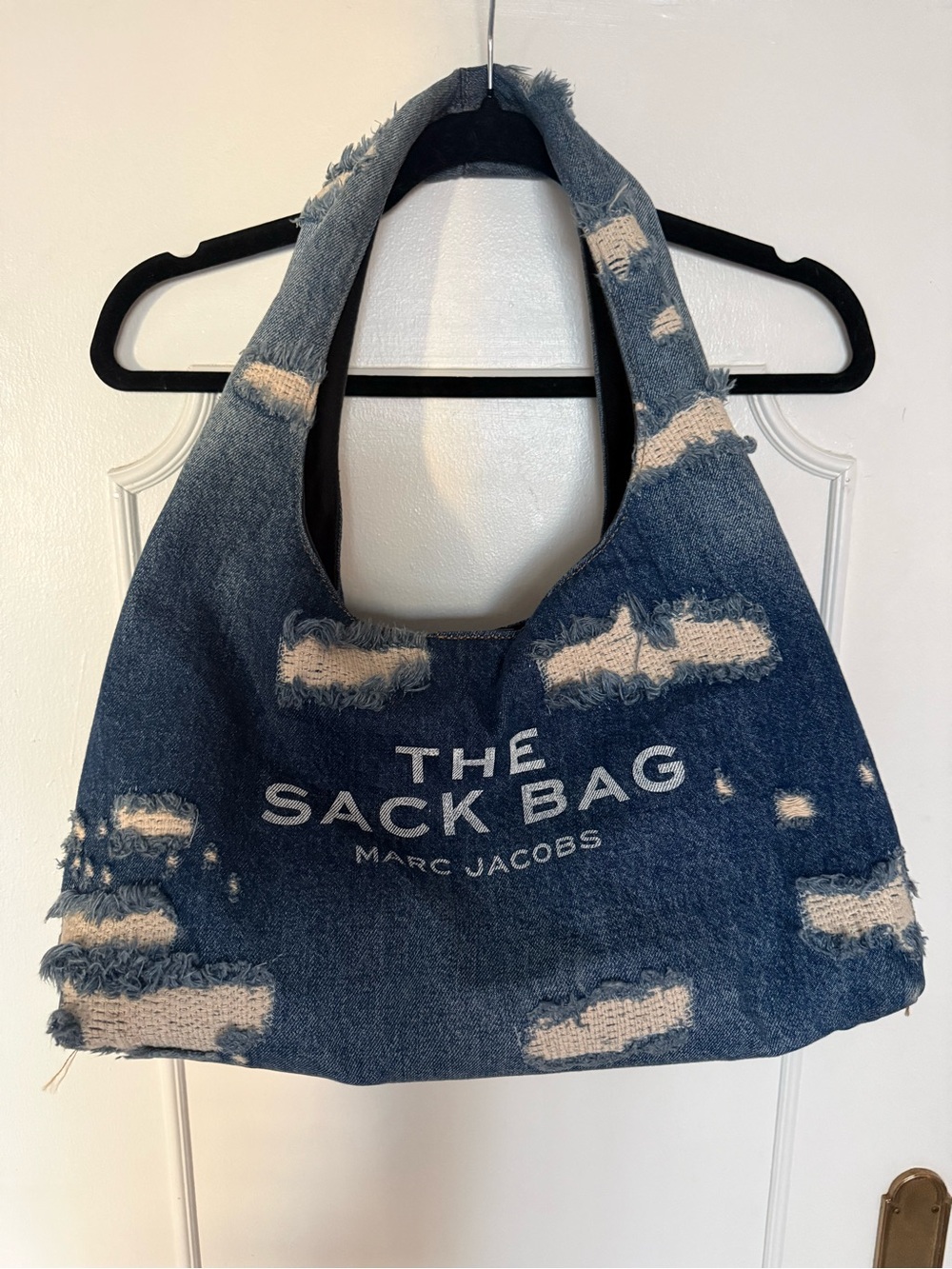 Marc Jacobs Distressed Denim Sack Shoulder Bag in Blue and White